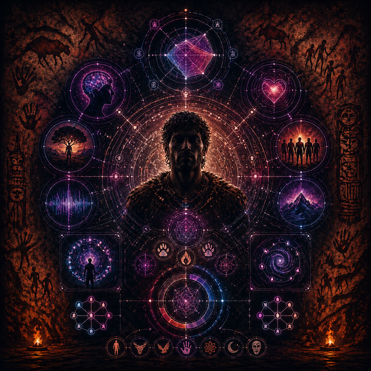 Portrait tribal : HUD mystique qui assemble les axes psychiques en un visage central