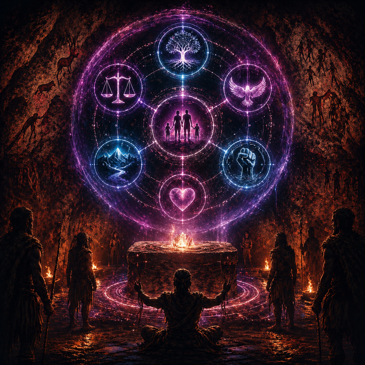 Valeurs sacrées : six symboles non-négociables (arbre, balance, montagne, oiseau, foyer, poing) sur un mandala rituel