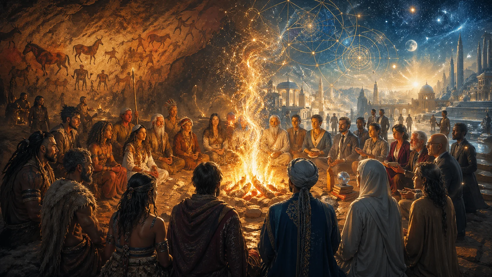 Civiliser le feu : un humain face au feu tribal, transformant la chaleur du clan en lumière partagée