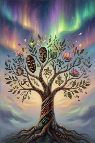 Plus de beauté — un arbre vivant tressé de symboles culturels divers, sous un ciel d'aurore