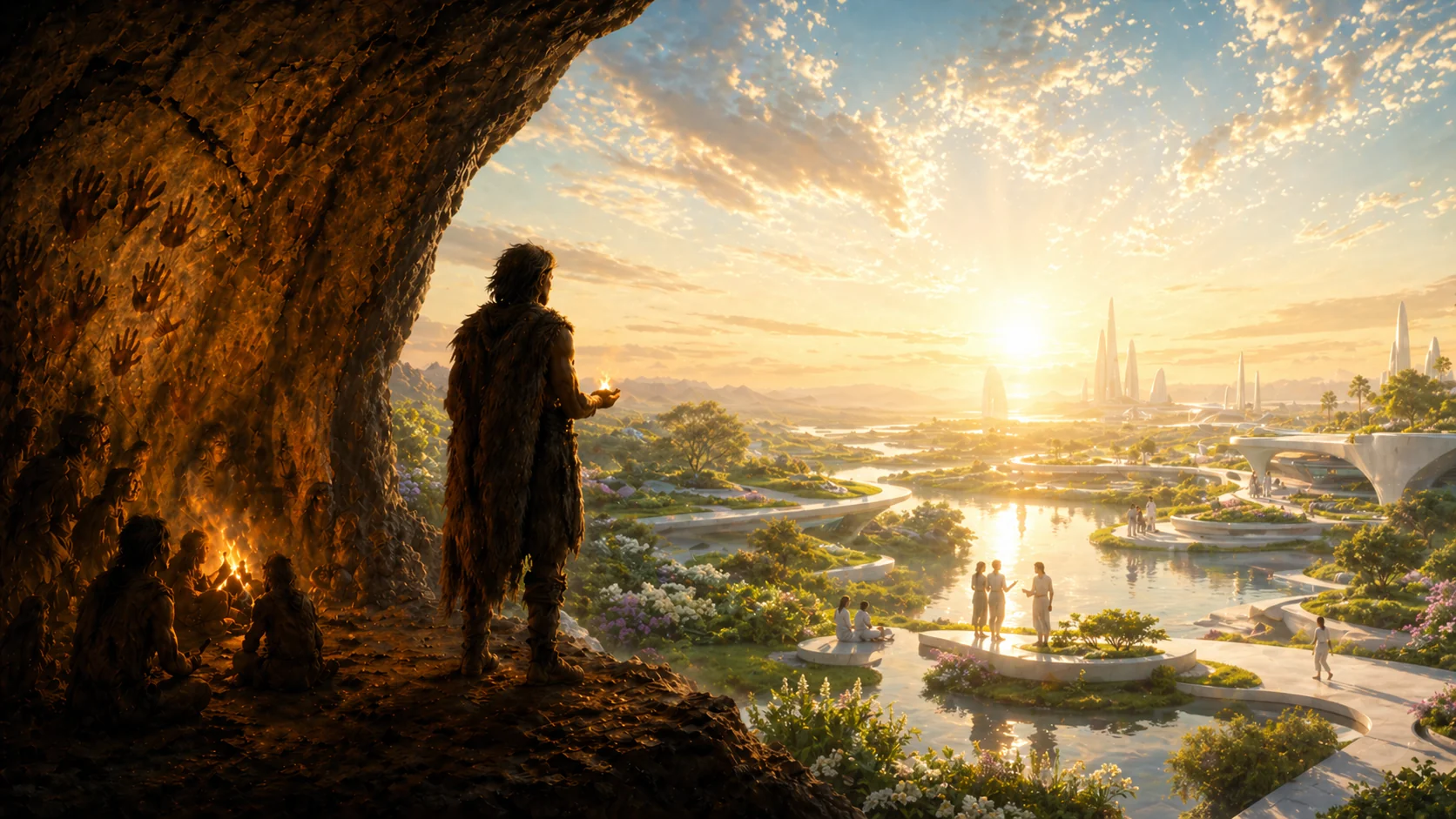 Au seuil de la grotte — un humain regarde une vallée lumineuse où s'élève une cité-jardin, l'horizon civilisé que nous pourrions choisir d'habiter