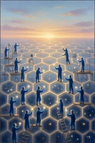 Plus de coopération — une vaste structure en nid d'abeilles construite collectivement par des silhouettes lumineuses