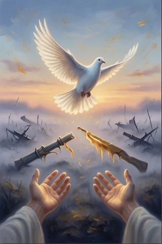 Plus de paix — une colombe au-dessus de mains qui déposent les armes, brume du champ de bataille qui se dissipe