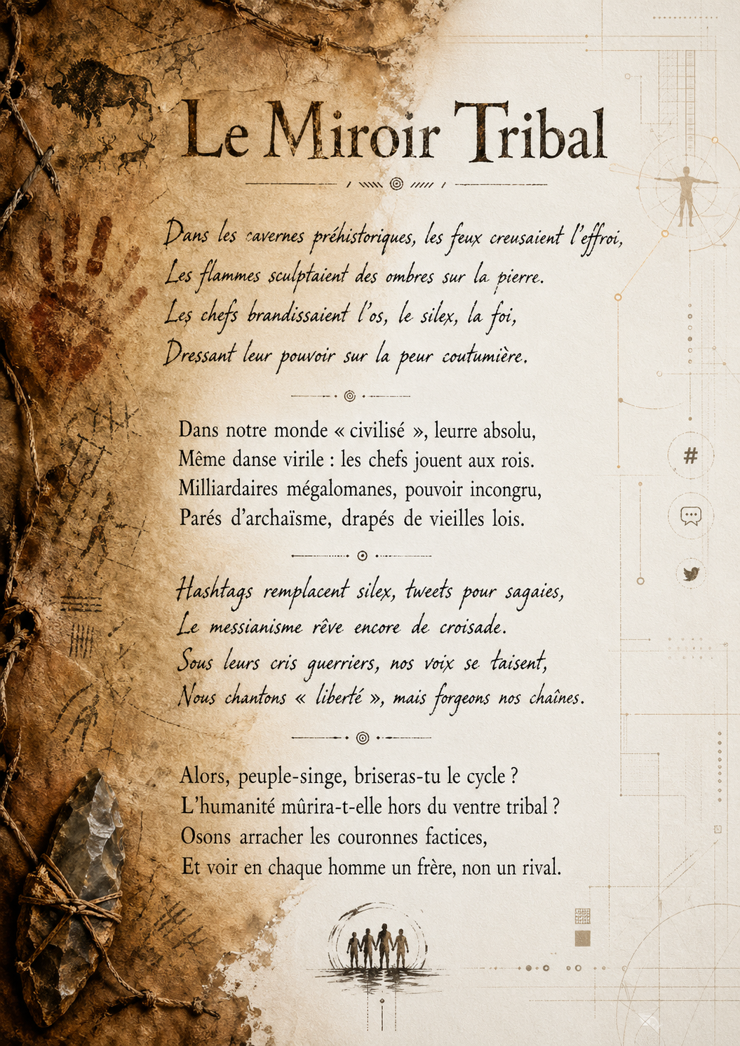 Le Miroir Tribal — poème calligraphié sur parchemin paléo/moderne