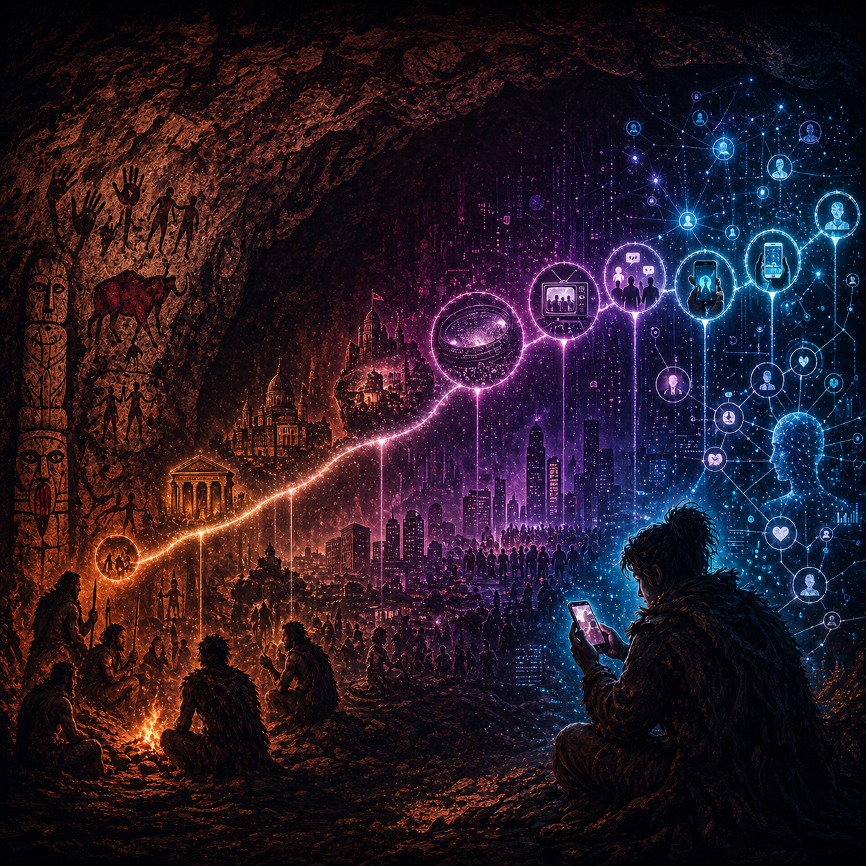 Du feu au feed : la grotte se prolonge en cité puis en réseau numérique