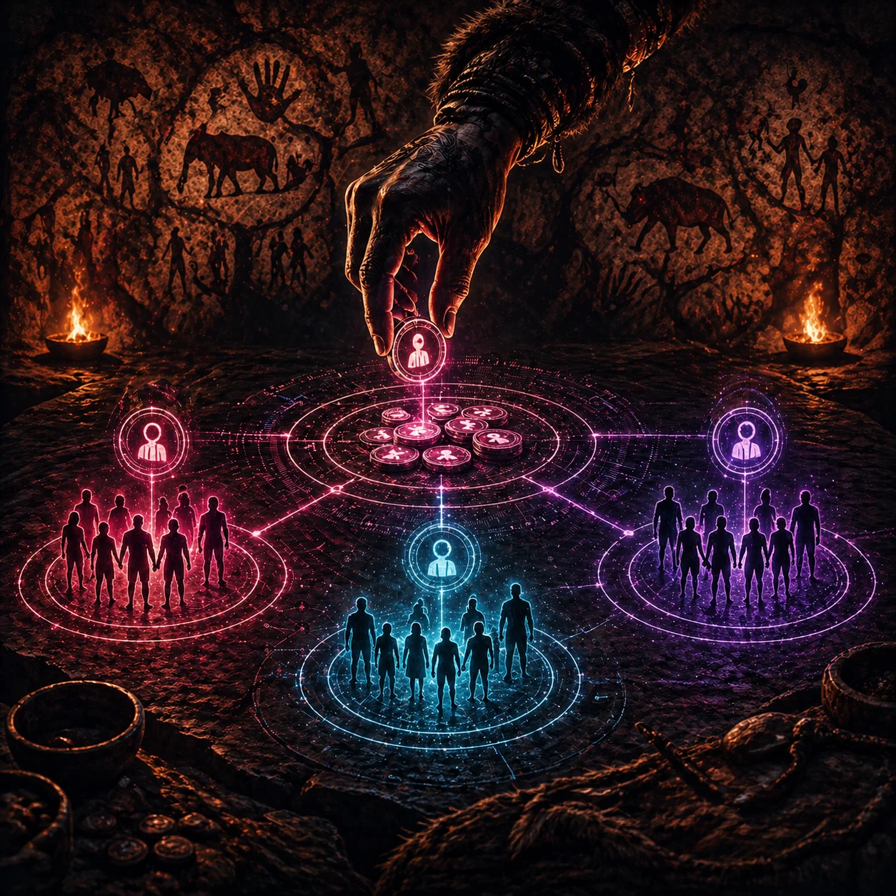 Le Jeu du Nous : main qui agence les tribus connectées au-dessus des cercles ancestraux