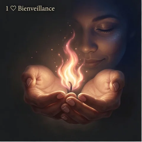 Bienveillance — deux mains tenant une flamme près d'un visage apaisé