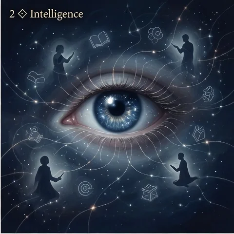 Intelligence — un œil au centre d'une constellation de figures et de symboles reliés