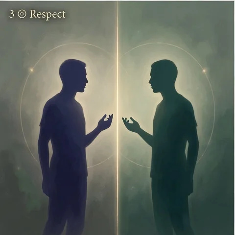 Respect — deux silhouettes face à face séparées par une fine ligne de lumière, à égalité