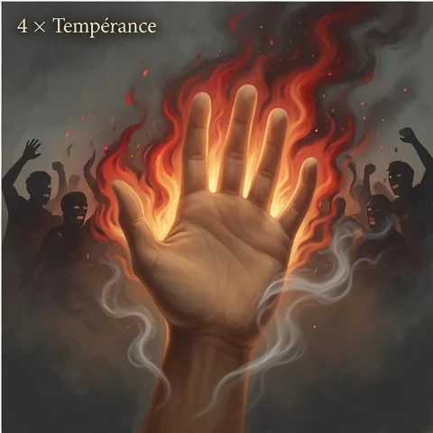 Tempérance — une main calme et lumineuse arrête une vague de feu et de silhouettes vociférantes